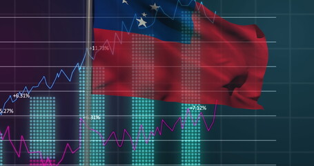 Venezuelan flag waving in data interface, with dotted cyan bar chart line graphs and percent labels