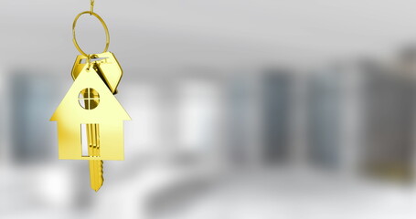 Hanging gold house-shaped key fob with keys on ring in modern kitchen, new home, copy space