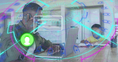 Father in jacket using smartphone, typing on laptop at home, with son writing notebook, AR overlay
