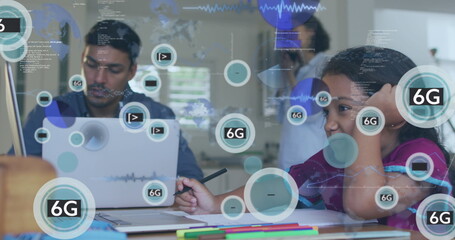 Collaborating family using laptop solving homework at table in study with 6G overlay, copy space