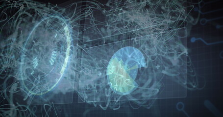Displaying holographic circular chart floating with molecular wireframes on grid, with neon trails