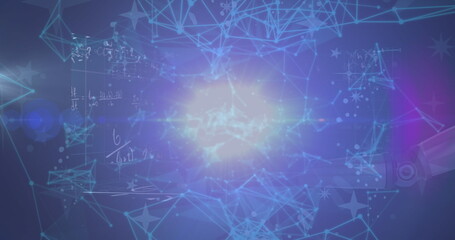 Radiating central glowing orb projecting network nodes and lines in digital display, with equations