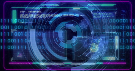 Scrolling concentric ring interface over futuristic panel, with binary digits and neon frame