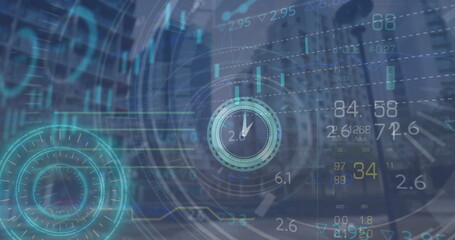 Displaying central circular gauge over urban skyline, with floating numeric readouts and bar charts © vectorfusionart