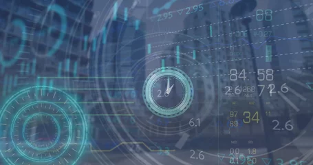 Displaying central circular gauge over urban skyline, with floating numeric readouts and bar charts