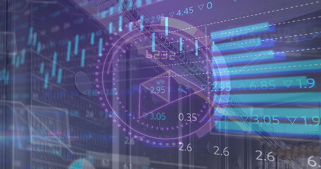 Displaying circular dashboard overlaying server racks, with candlestick, bar graphs in data center © vectorfusionart