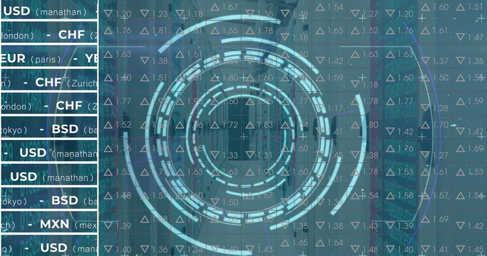 Displaying circular data visualization on dashboard over blurred skyline, with currency listings