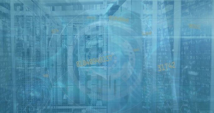 Bank of server racks streaming binary code via cables in data center, with holographic interface - Powered by Adobe