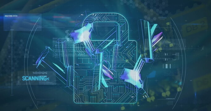 Glowing circuit-board head outline hovering within virtual interface, with HUD and scanning beams