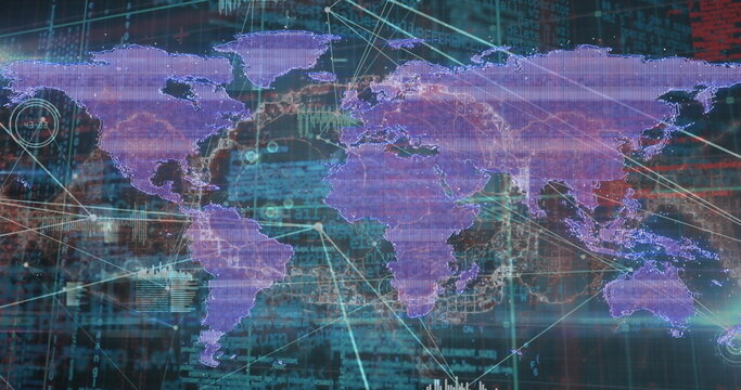 Displaying world map linking continents on digital interface, with code streams, charts and nodes