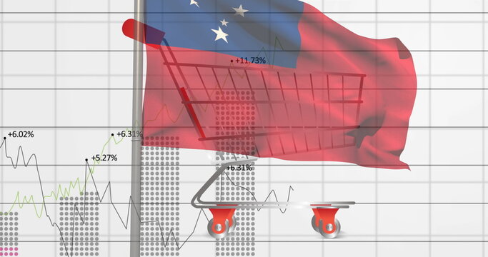 Naklejki Displaying cart with red wheels featuring Samoa flag draping over grid, showing bar and line graphs