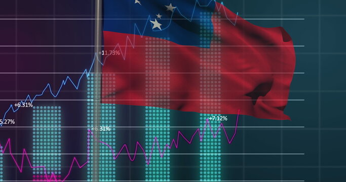 Naklejki Venezuelan flag waving in data interface, with dotted cyan bar chart line graphs and percent labels