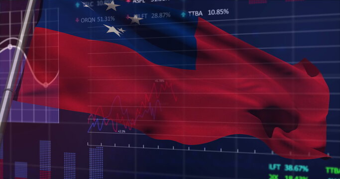 Naklejki Waving flag of Samoa fluttering on dark blue grid, with metallic flagpole and ticker symbols