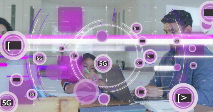 Working family of three typing on laptops and writing notebook at kitchen table, with 5G overlays