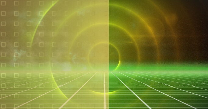 Featuring abstract grid in cyberspace, with concentric light rings and square outline pattern