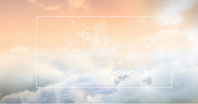 Floating white rectangular frame hovering above dawn pastel clouds, with X O markers and arrows - Powered by Adobe
