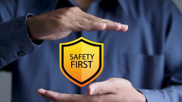 Safety first concept. Businessman with safety first symbols for work safety, caution work hazards, danger surveillance and zero accident.