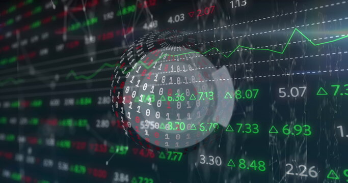 Rotating binary-digit globe on screen, showing code streams, price-triangles, green line graph