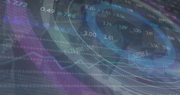 Displaying data analytics on dashboard, with rings, numeric overlays, arrows, chart traces, grid