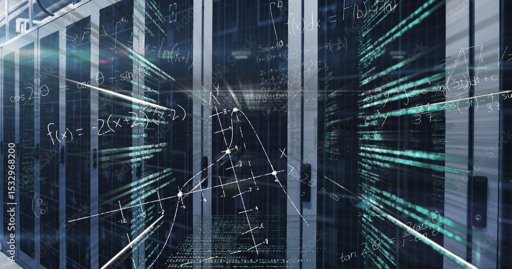 Poster glowing server rack in data center corridor, with led lights, binary streams, mathematical overlays