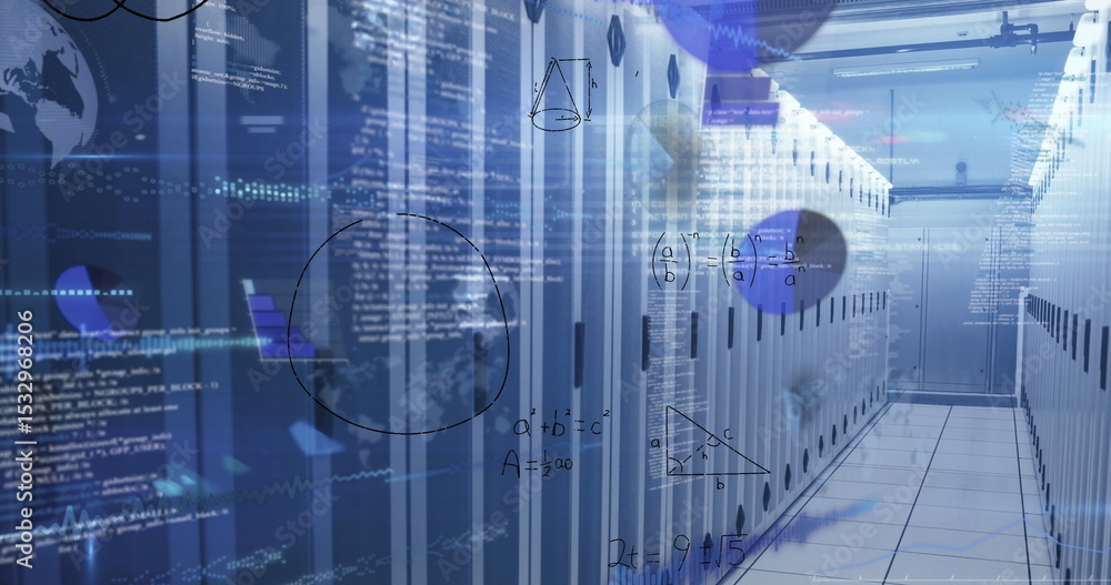 Poster streaming code overlays hovering over server racks in data center corridor, analytics visualization