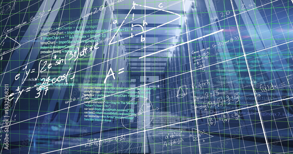 Aufkleber displaying data corridor spanning panels in data center, with floating grid lines and formulas