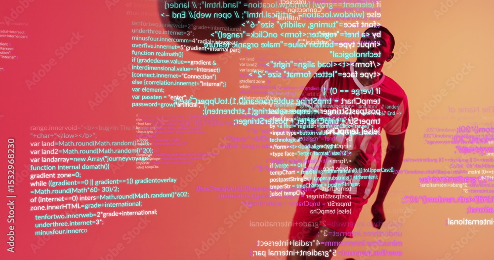 Poster leaning african american man projecting code snippets in gradient-lit studio, copy space