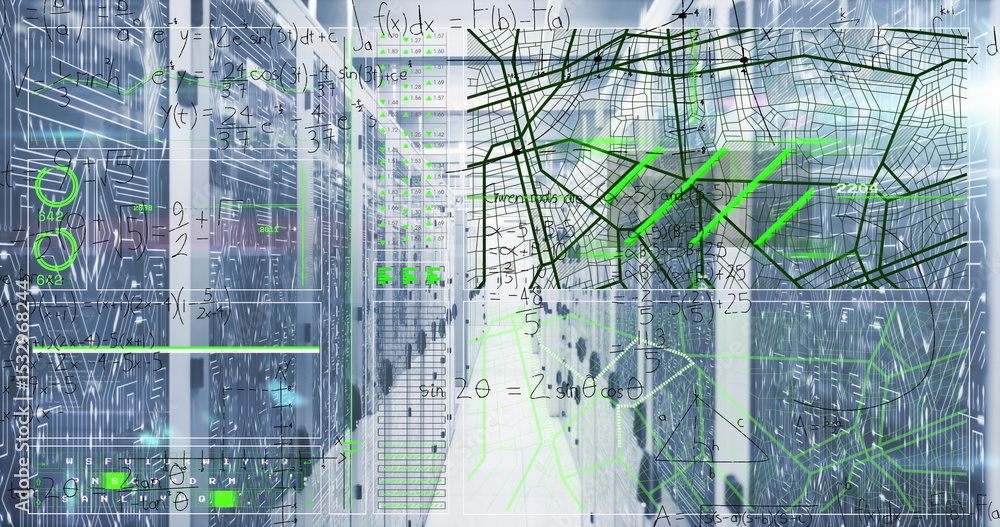 Poster displaying server aisle glowing with led in data center corridor, showing floating formula overlay