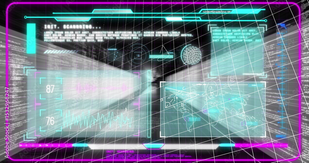 Poster glowing holographic panel displaying data panels and wireframe sphere in ar environment