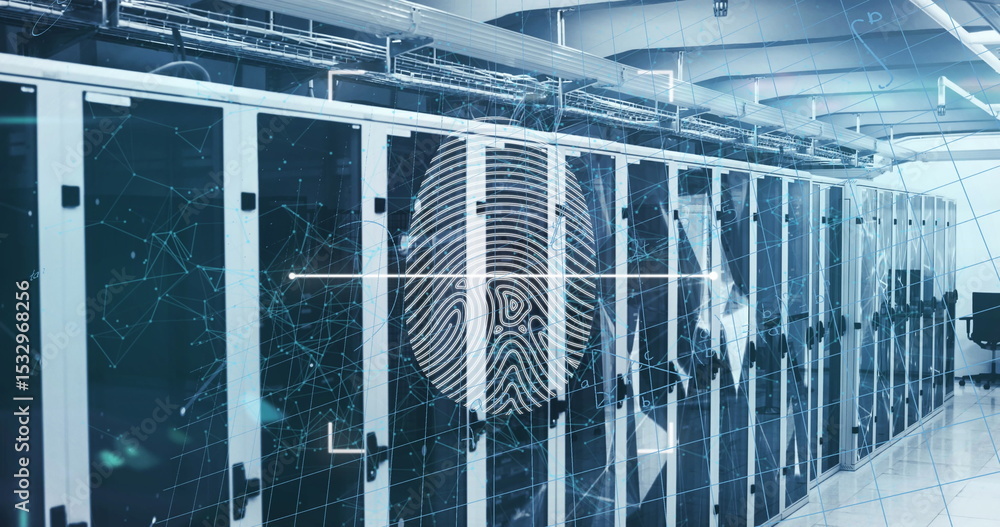 Poster displaying digital fingerprint icon overlaying server racks in data hall, with network lines