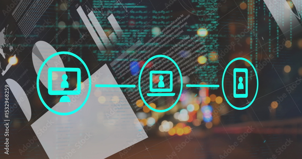Poster showing turquoise icons linking monitor laptop smartphone in virtual network, with code and lights