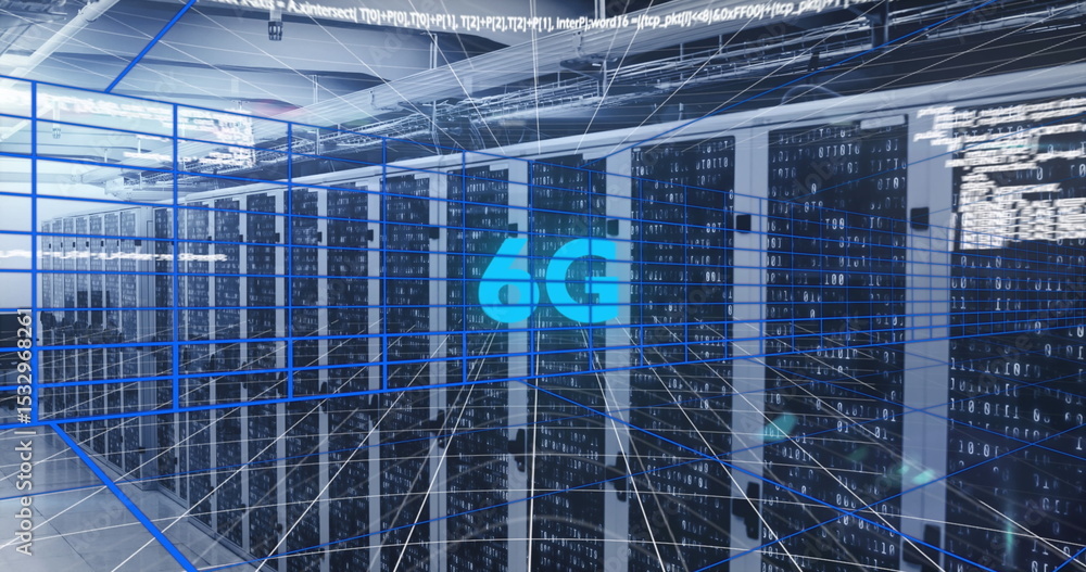 Poster displaying central network visualization over server racks in data center aisle, with blue 4g icon