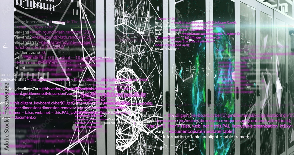 Poster displaying central server rack glowing with leds, drifting code and network graphics in data center