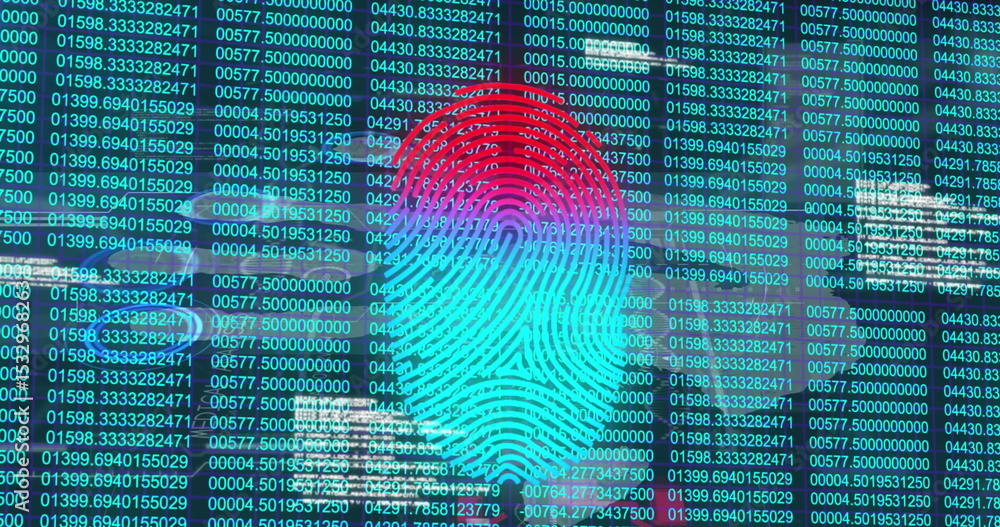 Poster Displaying stylized neon fingerprint graphic over computer interface, with columns of numeric code