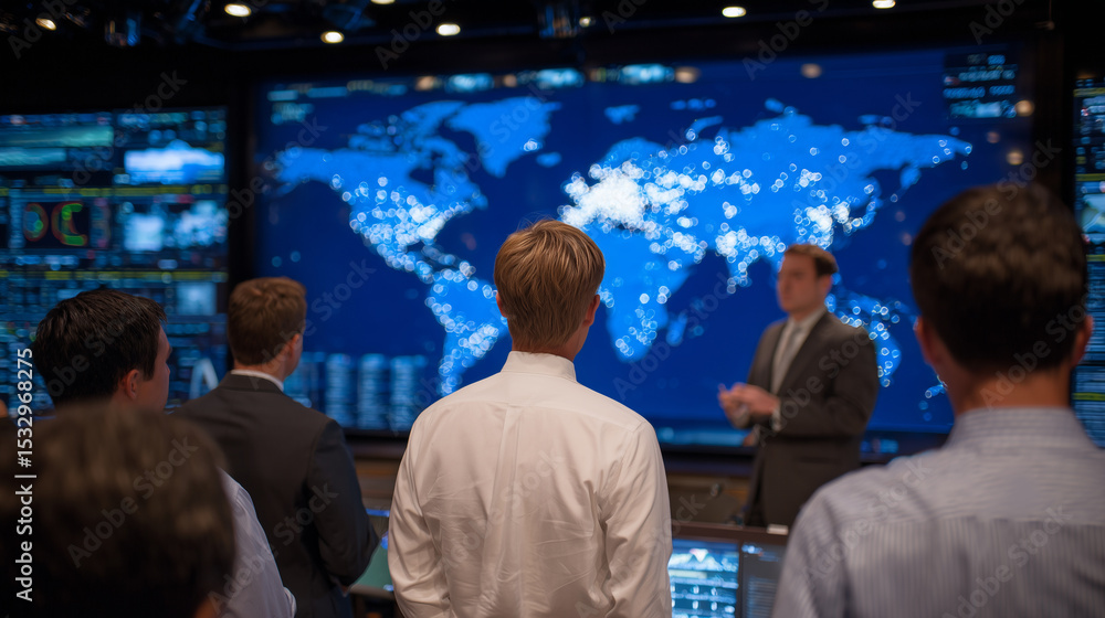 Poster scene of employees around a large screen displaying a world map of real-time cyber threats, interact