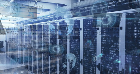 Displaying server cabinets glowing through mesh doors in data center aisle, with holographic icons