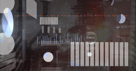 Displaying HUD-style dashboard showing data graphs in industrial backdrop, with bar and pie charts © vectorfusionart