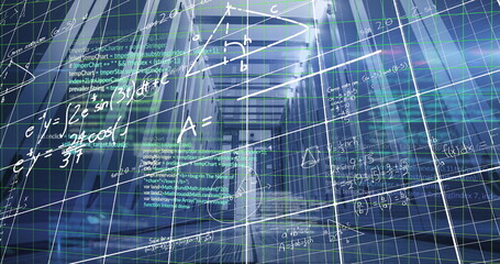 Displaying data corridor spanning panels in data center, with floating grid lines and formulas