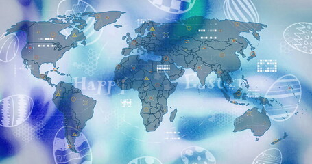 Fototapeta premium Displaying world map in digital watercolor layout, with Happy Easter text, Easter eggs and icons