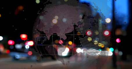 Showing digital globe overlay hovering over night city with bokeh lights and vehicle streaks