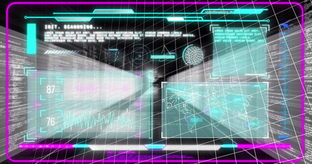 Glowing holographic panel displaying data panels and wireframe sphere in AR environment
