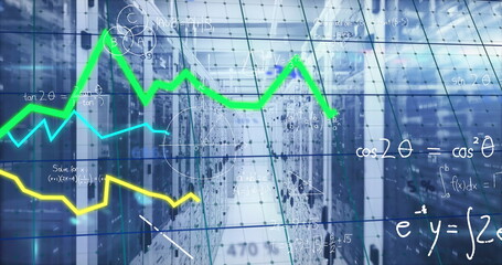 Lining server cabinets stretching corridor at data center, with line graph overlays and gridlines