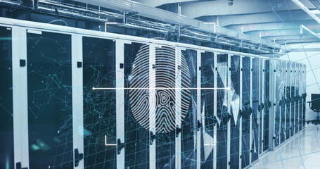 Displaying digital fingerprint icon overlaying server racks in data hall, with network lines
