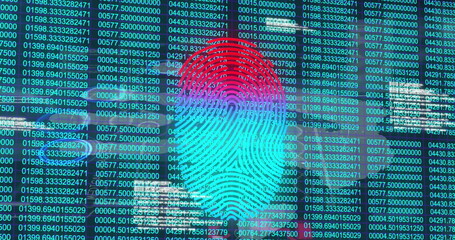 Displaying stylized neon fingerprint graphic over computer interface, with columns of numeric code