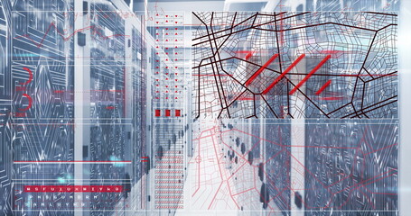 Showing server rack corridor extending into data center, with digital map overlay and red pathways