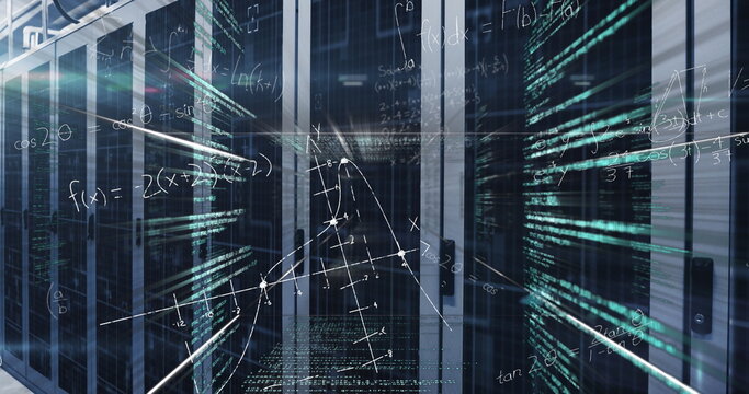 Glowing server rack in data center corridor, with LED lights, binary streams, mathematical overlays