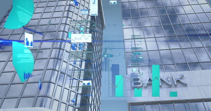 Displaying glass-clad bank building showing holographic charts and metal BANK sign in financial hub