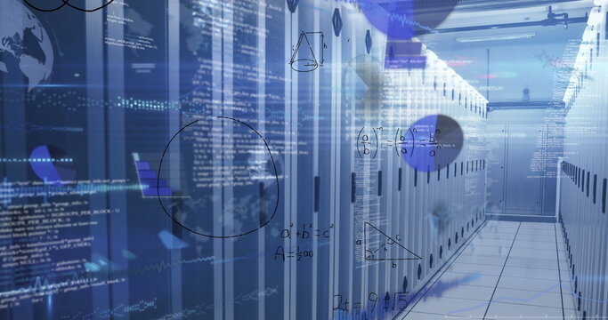 Streaming code overlays hovering over server racks in data center corridor, analytics visualization