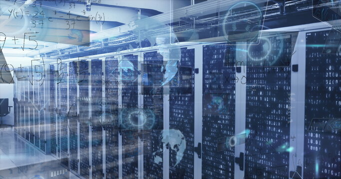 Displaying server cabinets glowing through mesh doors in data center aisle, with holographic icons - Powered by Adobe