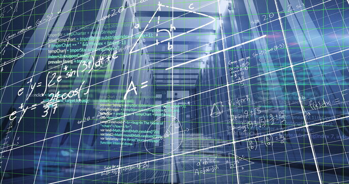 Displaying data corridor spanning panels in data center, with floating grid lines and formulas